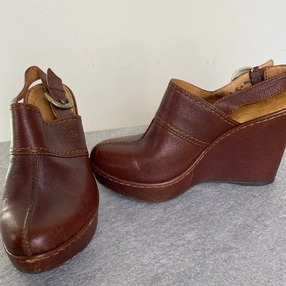 Born Brown Leather Clog Wedge Heels Mules Size 8 -100% leather - Picture 6 of 6